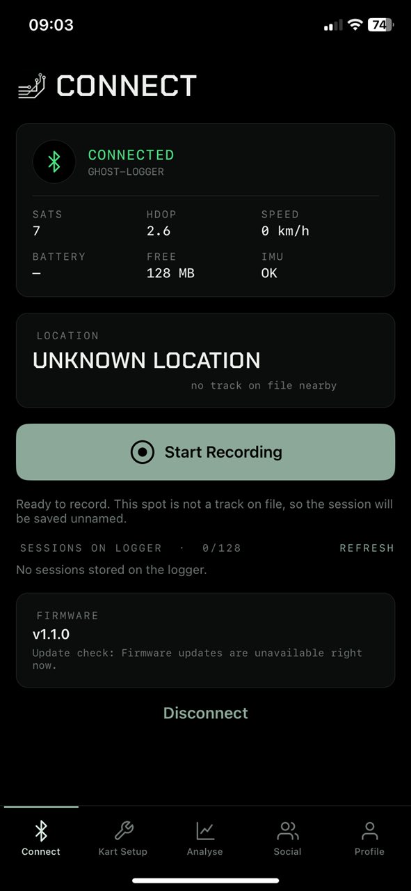 Connect screen: Ghost Logger connected with satellites, HDOP, speed, free storage and IMU status, and a Start Recording button