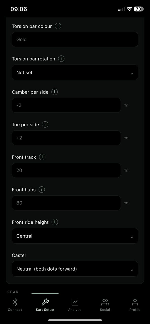 Kart setup sheet: torsion bar, camber, toe, front track, front hubs, ride height and caster