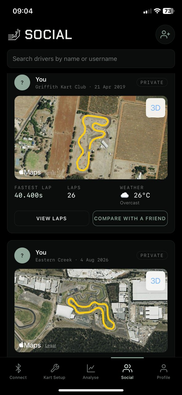 The social feed with sessions at Griffith Kart Club and Eastern Creek on satellite maps, each with fastest lap, laps and weather